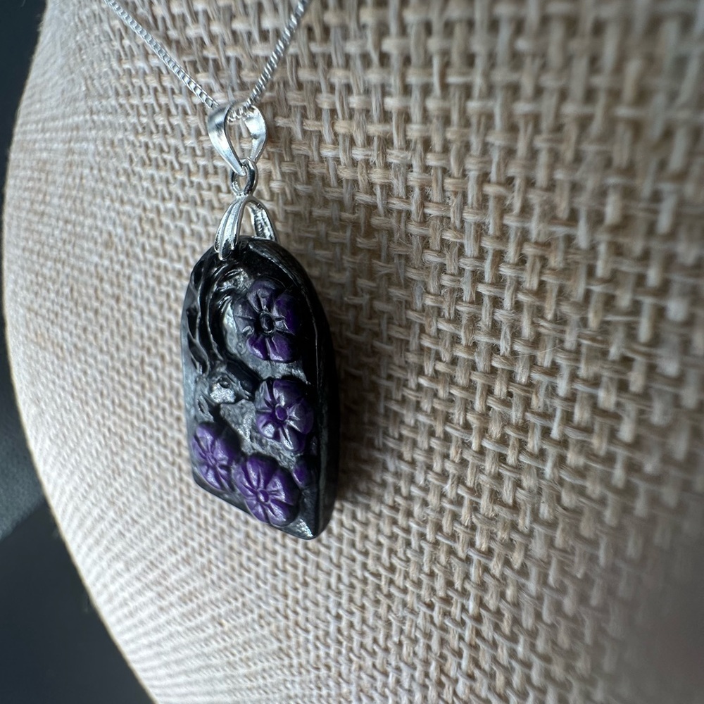 Arch Shaped Deer and Flowers Sugilite Pendant on Sterling Silver Box Chain - Picture 8 of 16